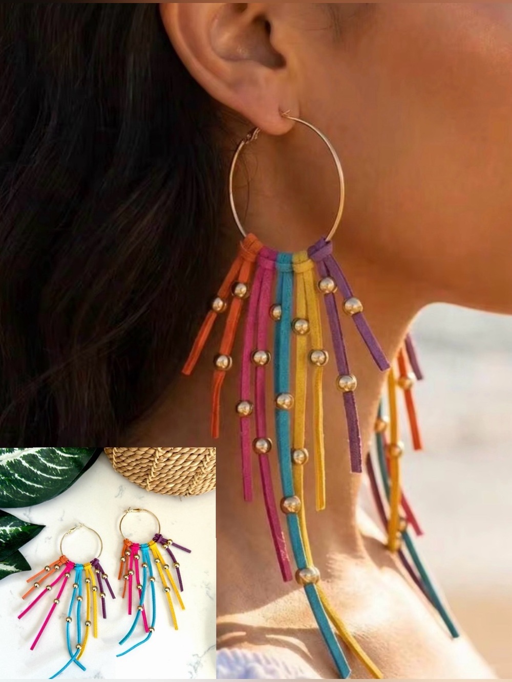 2/$30🌵 Boho Rainbow Suede Fringe Hoop Earrings Beaded Festival Tassel Statement